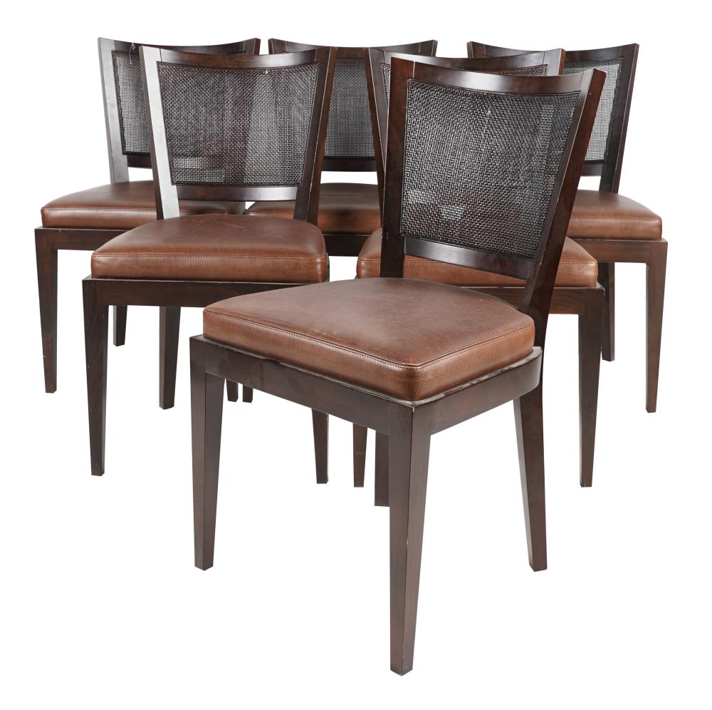 Appraisal: SIX ITALIAN CANED WOOD LEATHER DINING CHAIRSeach with Promemoria label