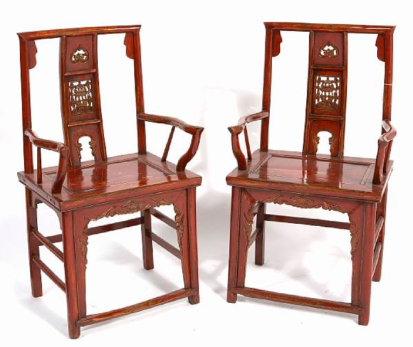 Appraisal: A pair of Chinese red lacquered armchairs late th Century