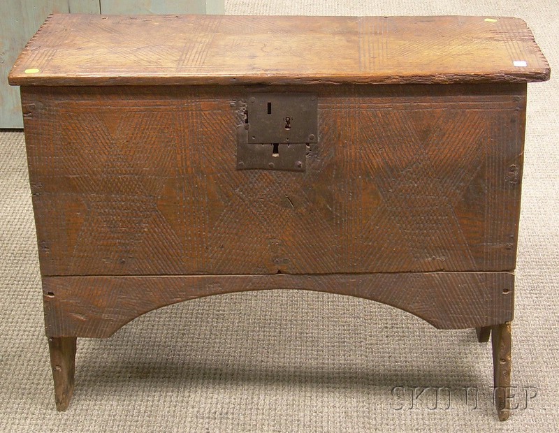 Appraisal: Small Chip-carved Oak Blanket Box with Bootjack Ends lg in