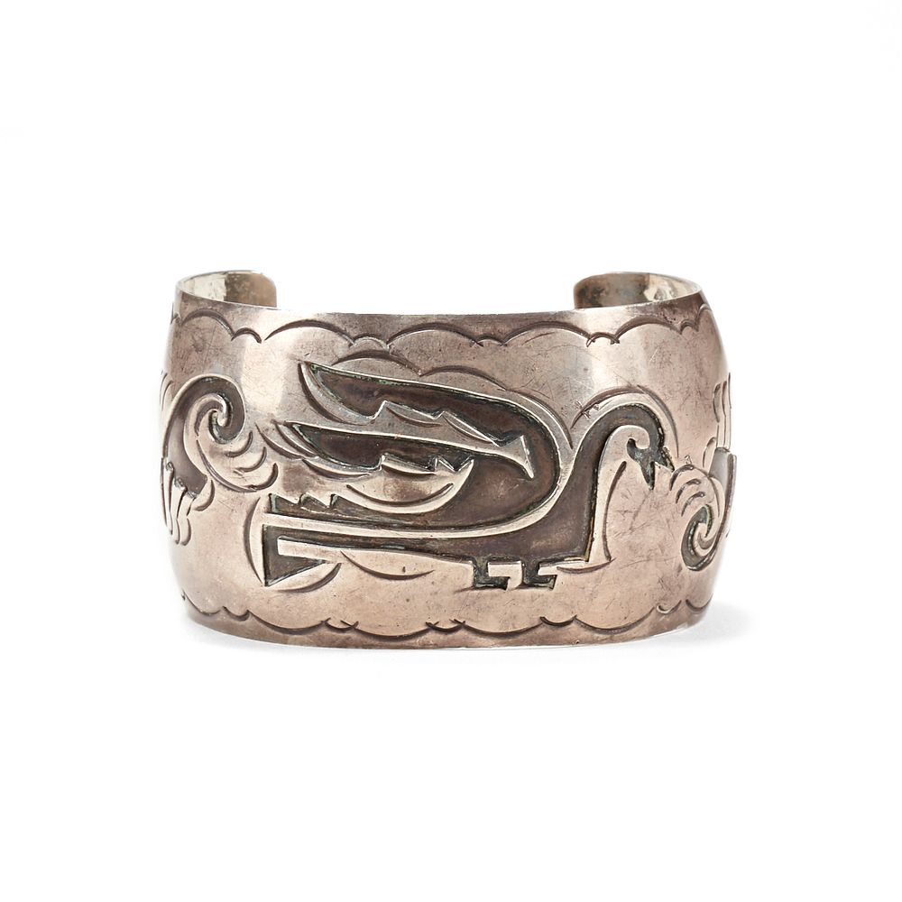 Appraisal: Native American Silver Overlay Cuff Bracelet One mid-twentieth century Native