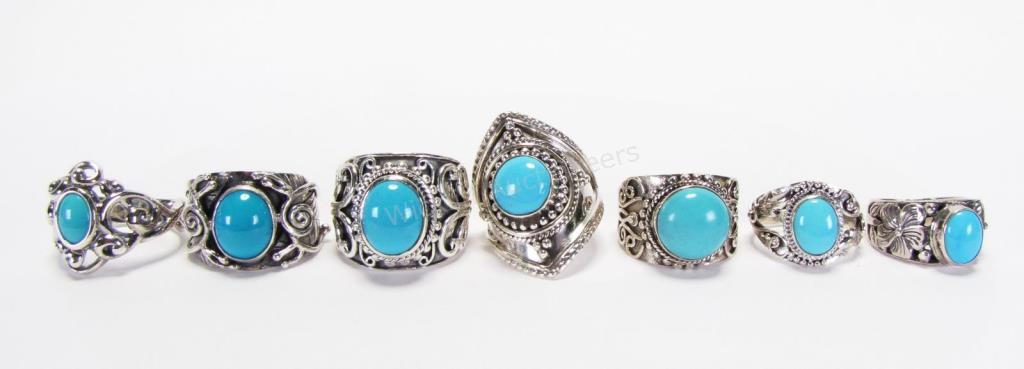 Appraisal: Seven sterling silver turquoise ring including Carolyn Pollack Relios ring