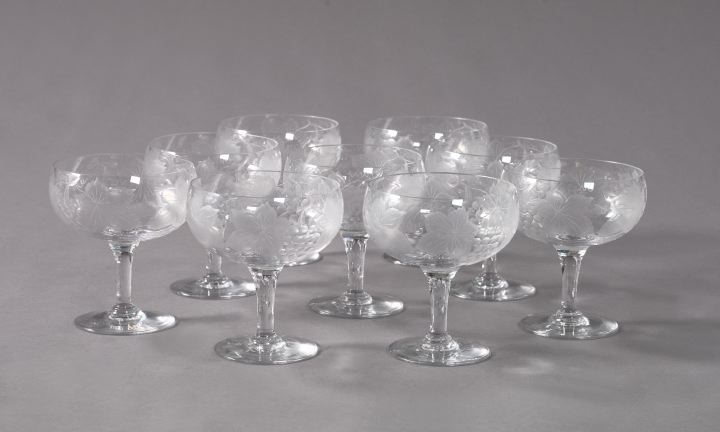 Appraisal: Good Set of Nine Edwardian Engraved Glass Dessert Coupes in