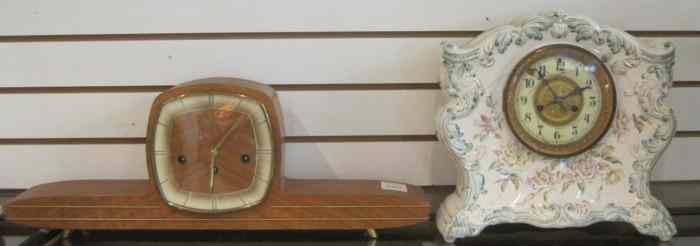 Appraisal: TWO MANTEL CLOCKS antique china cased clock by Waterbury Clock