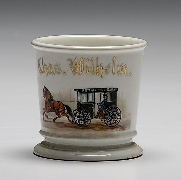 Appraisal: HORSE-DRAWN DAIRY WAGON OCCUPATIONAL SHAVING MUG porcelain with polychrome painted