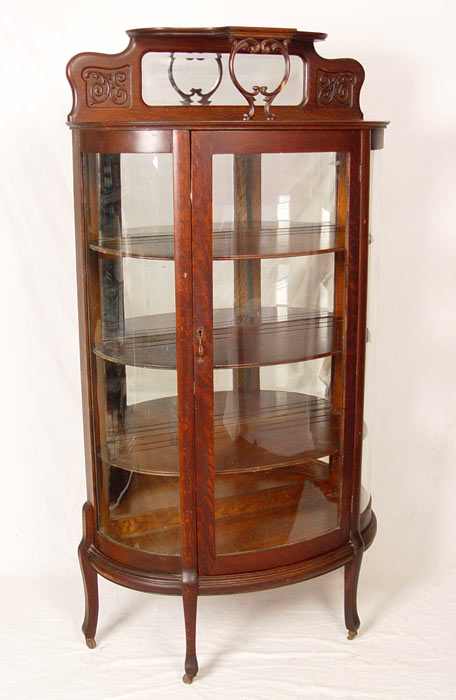 Appraisal: OAK BOWFRONT CHINA CABINET CURIO Mirrored back wood interior shelves