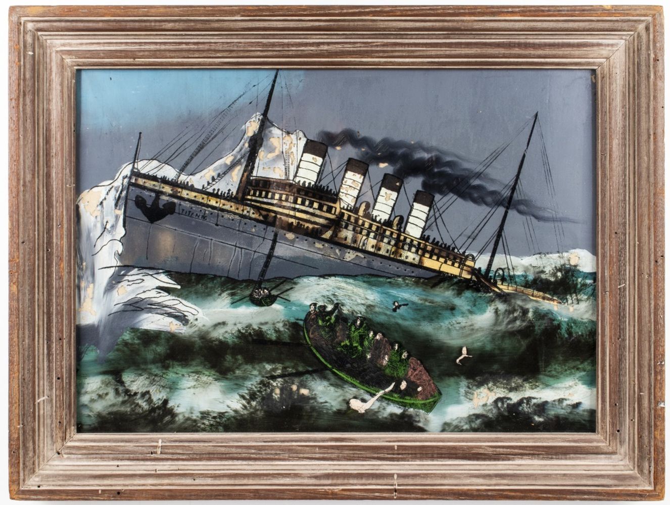 Appraisal: REVERSE GLASS FOLK ART PAINTING OF THE TITANIC Reverse glass