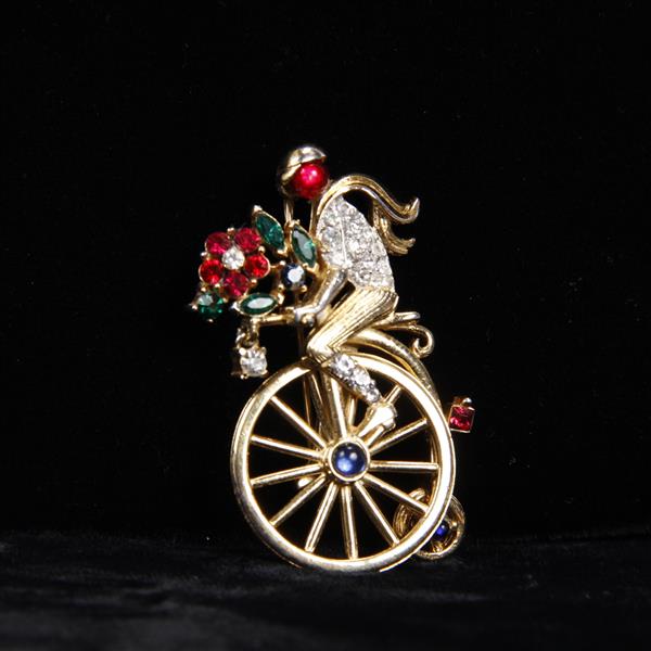 Appraisal: Vintage Trifari Jeweled Flower Peddler Bicycle Figural Pin Brooch H