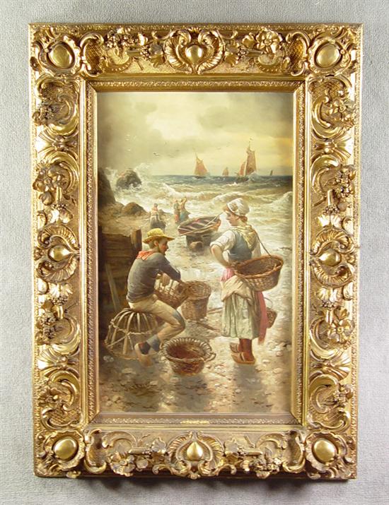 Appraisal: L Gartner European Coastal Scene Oil on canvas Men and