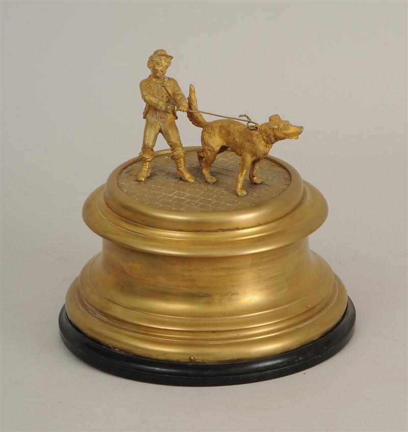 Appraisal: CONTINENTAL BRASS TOBACCO BOX WITH MUSIC MECHANISM The hinged lid