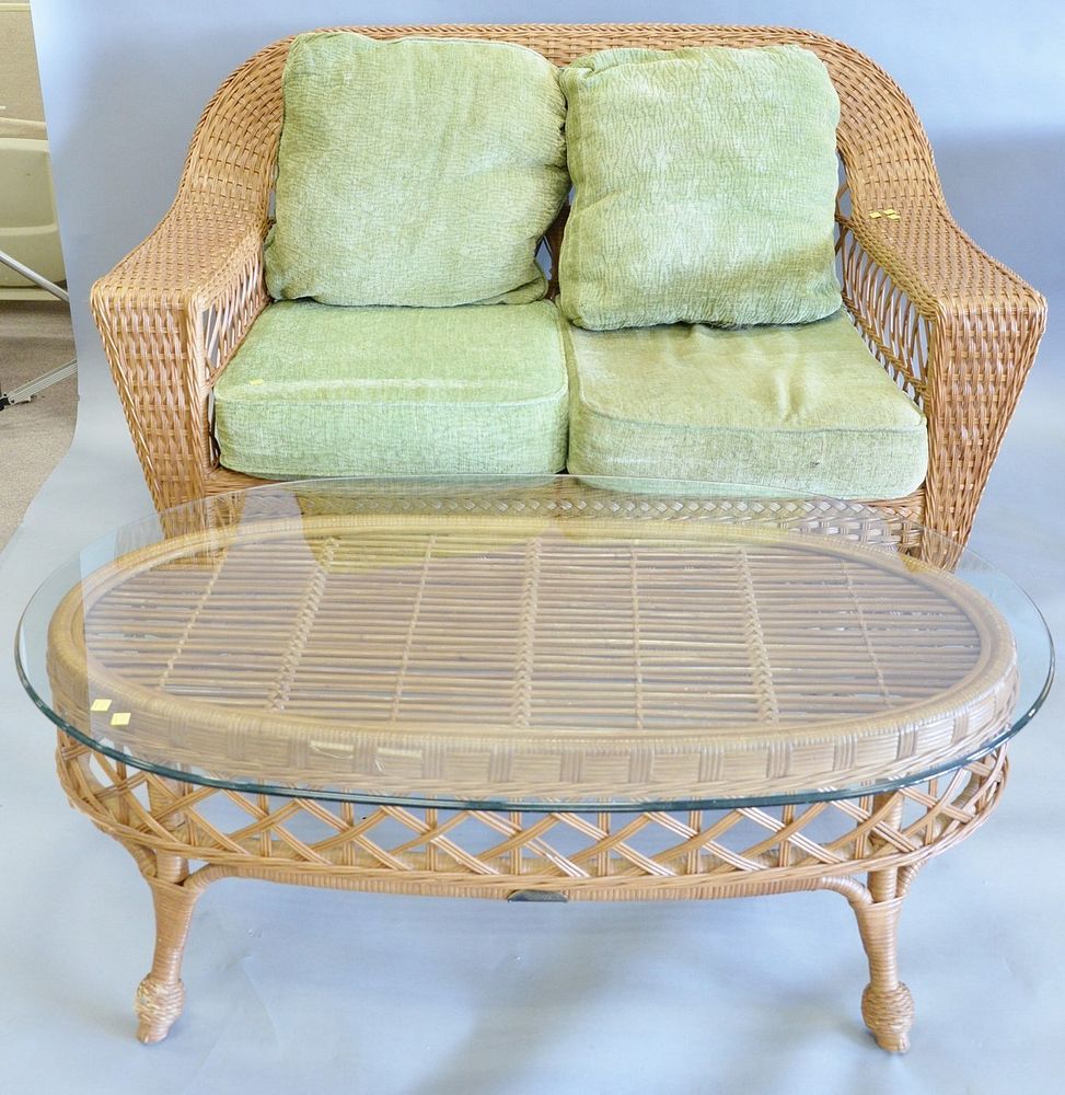 Appraisal: Smithsonian Henry Fink Wicker Patio set includes loveseat with green