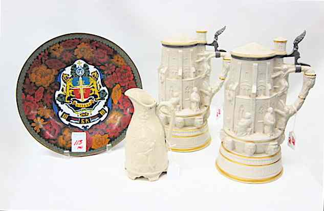 Appraisal: FOUR COLLECTIBLES pair Mettlach commemorative stone ware ''castle'' beer steins