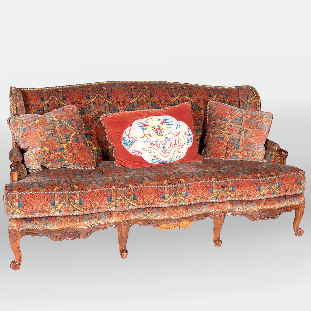 Appraisal: R gence Style Fruitwood Upholstered Canap L'Oreille Upholstered in a