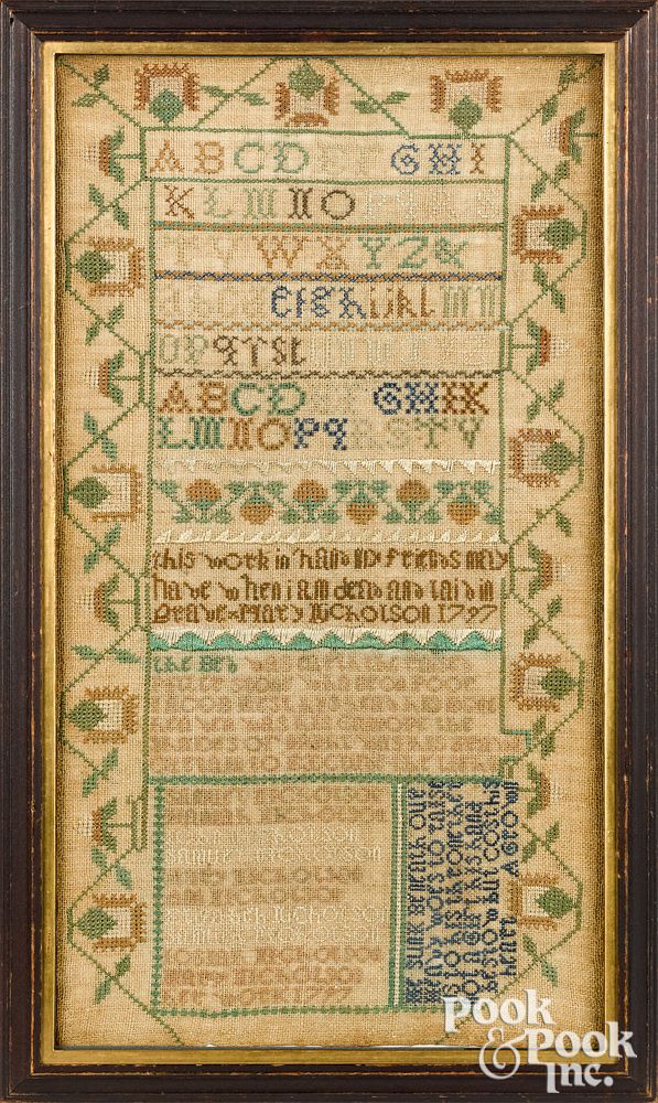 Appraisal: Philadelphia silk on linen needlework sampler Philadelphia silk on linen