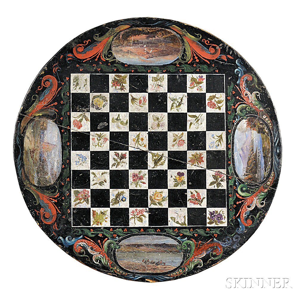 Appraisal: Circular Polychrome Paint-decorated Checkerboard America late th century the black