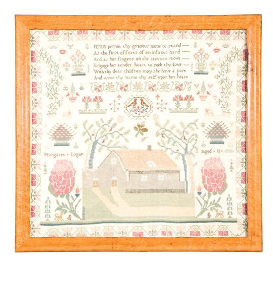 Appraisal: SAMPLER Margaret Logan England ca silk on wool A double-door