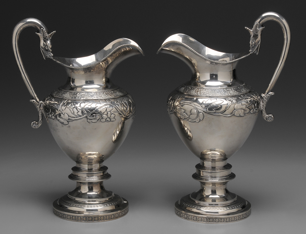 Appraisal: Pair Presentation Coin Silver Pitchers Pennsylvania - repousse morning glory