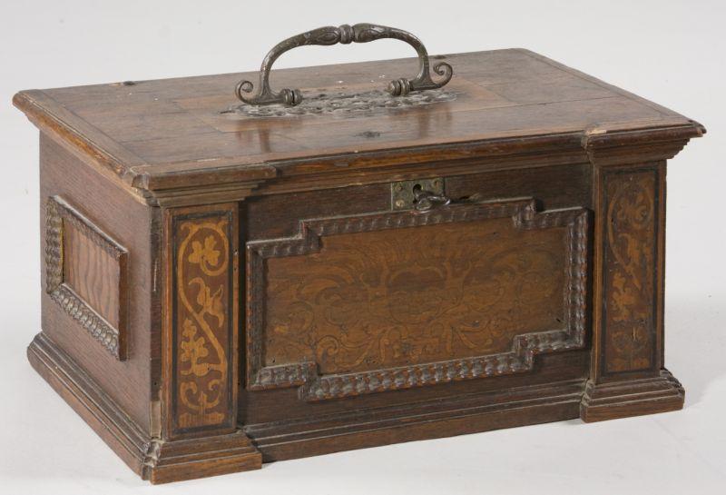 Appraisal: English Inlaid Strong Box th century oak veneer over pine