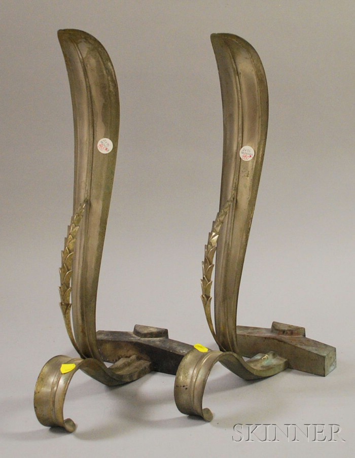 Appraisal: Pair of Art Moderne Silvered Bronze Palm Frond Figural Andirons