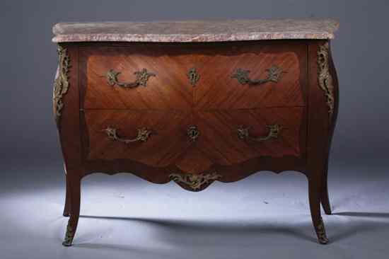 Appraisal: FRENCH ROCOCO STYLE MARBLE-TOP BOMBE COMMODE th century Serpentine molded-edge