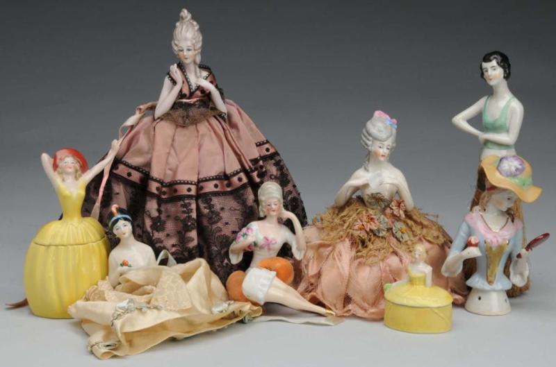 Appraisal: Lot of China Half Dolls and Dresser Boxes Description Japan