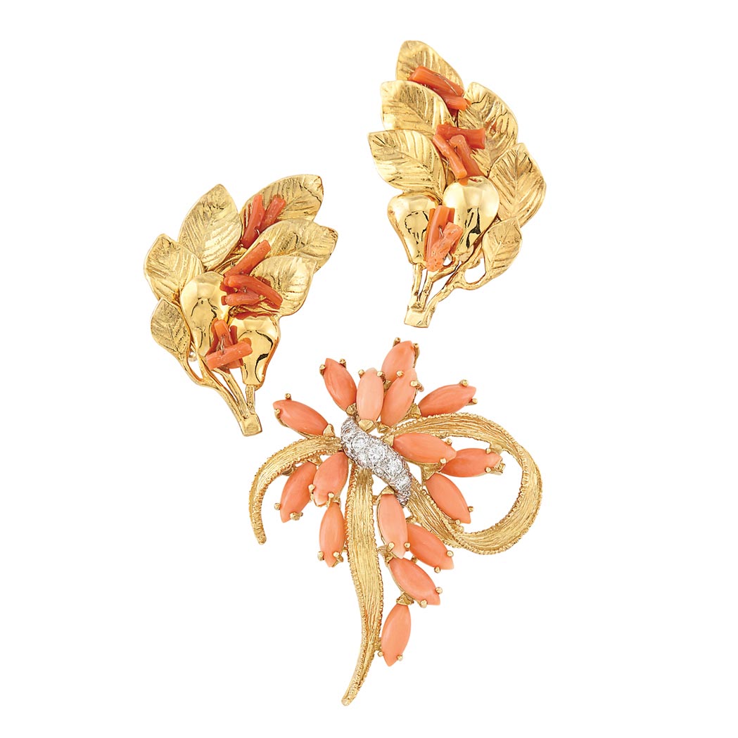 Appraisal: Gold Coral and Diamond Brooch and Pair of Gold and