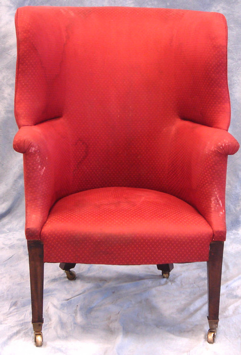 Appraisal: Georgian Hepplewhite barrel back wing chair brass casters h Estimate