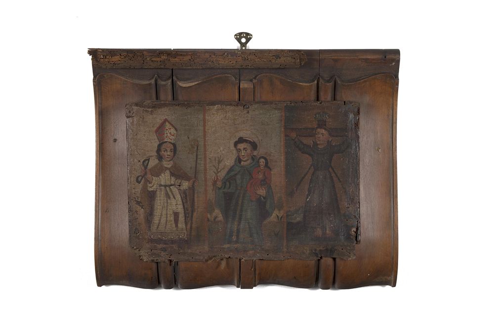 Appraisal: Spanish Colonial Triptych Retablo th Century Spanish Colonial th Century