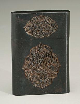 Appraisal: Chinese tortoiseshell card case Cantonese cartouches with elaborately carved figures