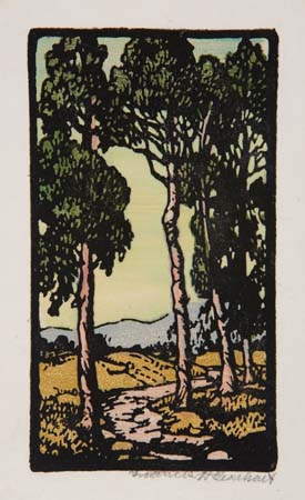 Appraisal: FRANCES GEARHART Eucalyptus Grove and Stream Color woodcut on Japan