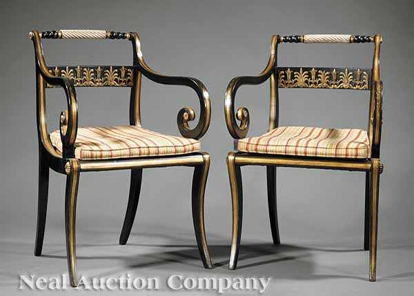 Appraisal: A Pair of Regency Painted and Gilt Metal-Mounted Armchairs c