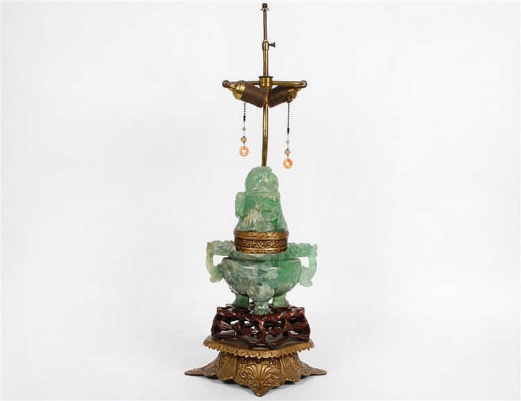 Appraisal: CHINESE GREEN QUARTZ URN MOUNTED AS A LAMPCirca The covered