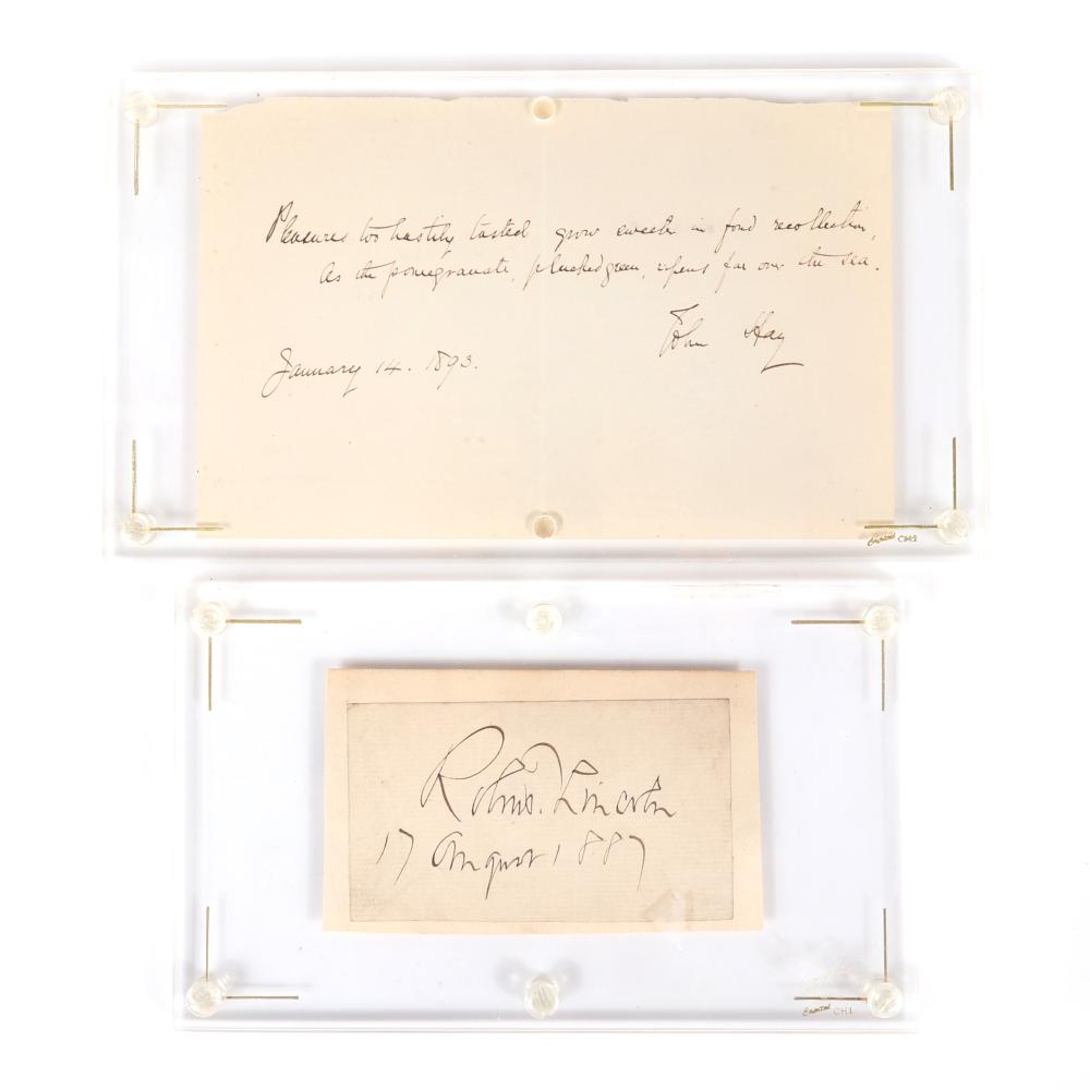 Appraisal: JOHN HAY SECRETARY TO ABRAHAM LINCOLN HAND-WRITTEN SENTIMENT SIGNED AND