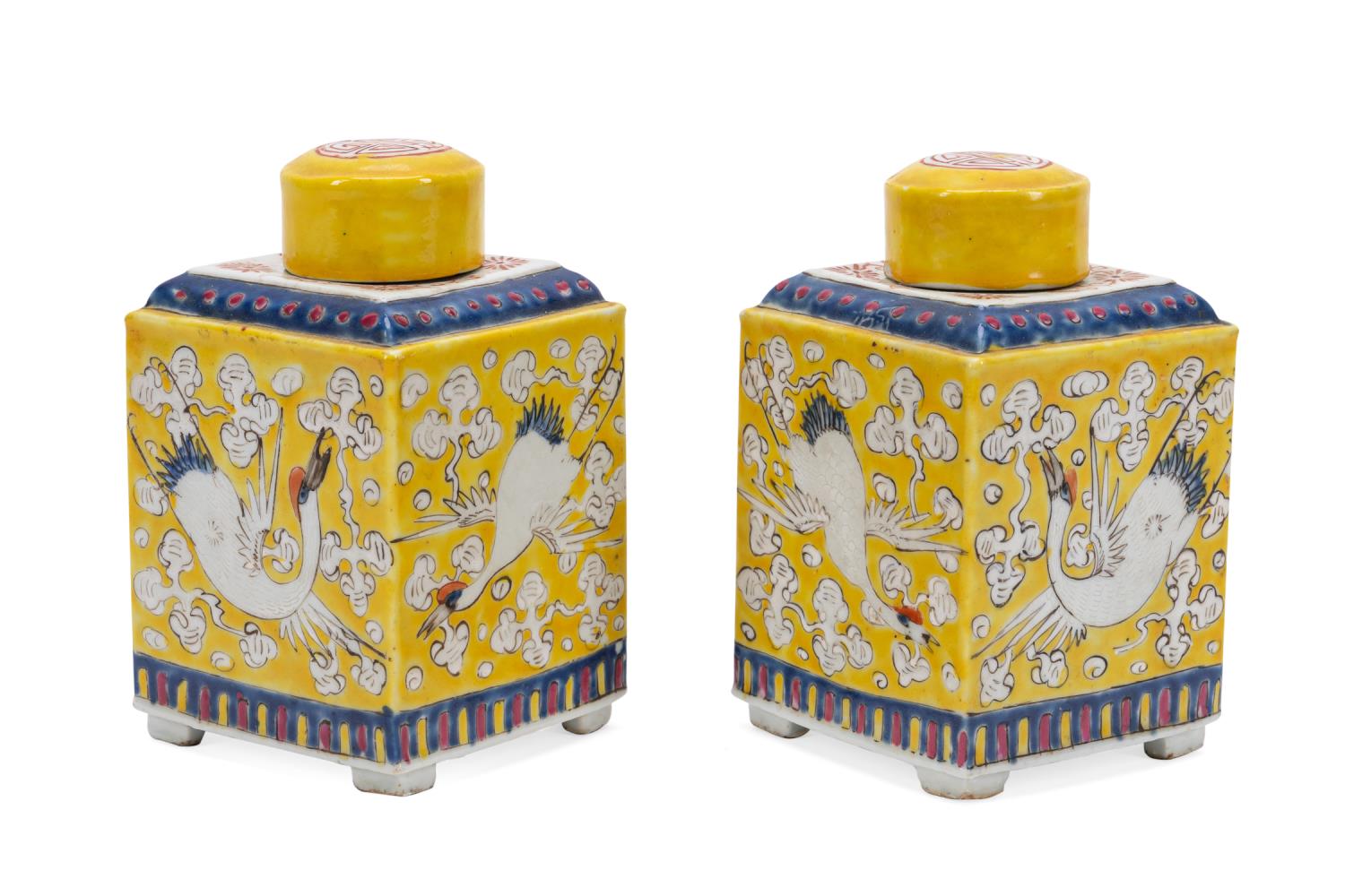 Appraisal: PAIR OF CHINESE YELLOW TEA CADDIES WITH CRANES Pair of