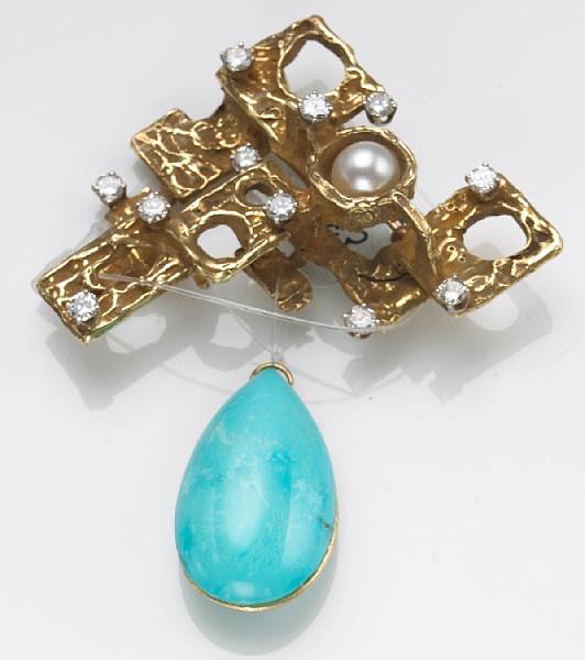 Appraisal: A turquoise diamond cultured pearl and k gold brooch Erwin