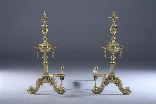 Appraisal: PAIR FRENCH EMPIRE BRASS CHENETS th century Fleur-de-lis finial top