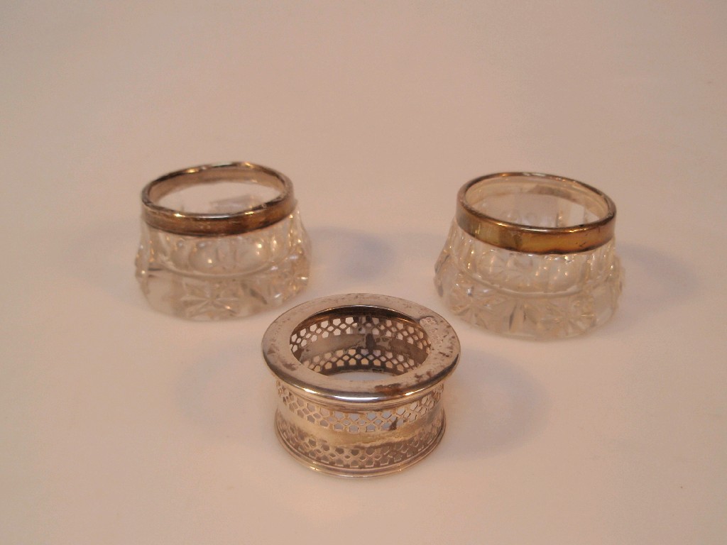 Appraisal: Two small silver rimmed pots and a small pierced silver