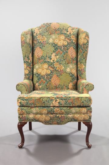 Appraisal: Queen Anne-Style Mahogany Wing Chair the padded domed back joined