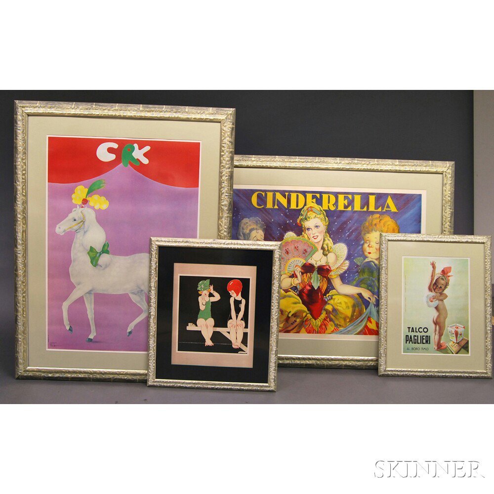 Appraisal: Four Framed Posters one depicting two children in swimming attire