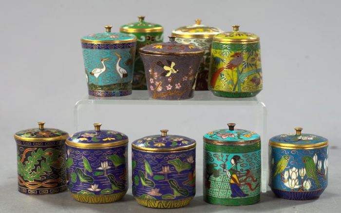 Appraisal: Cased Set of Ten Diminutive Chinese Cloisonne Covered Beakers each