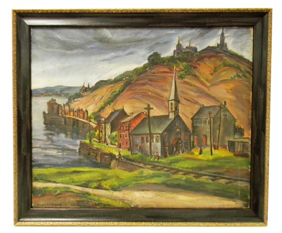 Appraisal: Marion Huse American - Three Churches oil on canvas signed