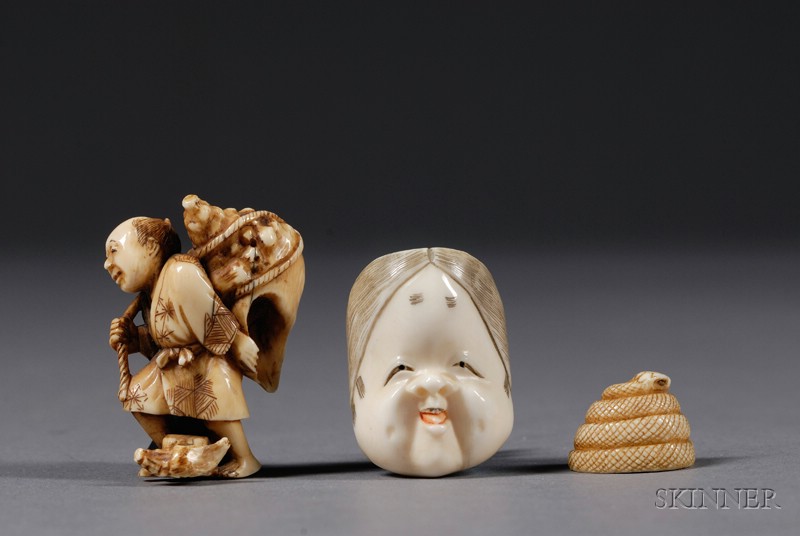 Appraisal: Three Ivory Netsuke th century a female mask a snake