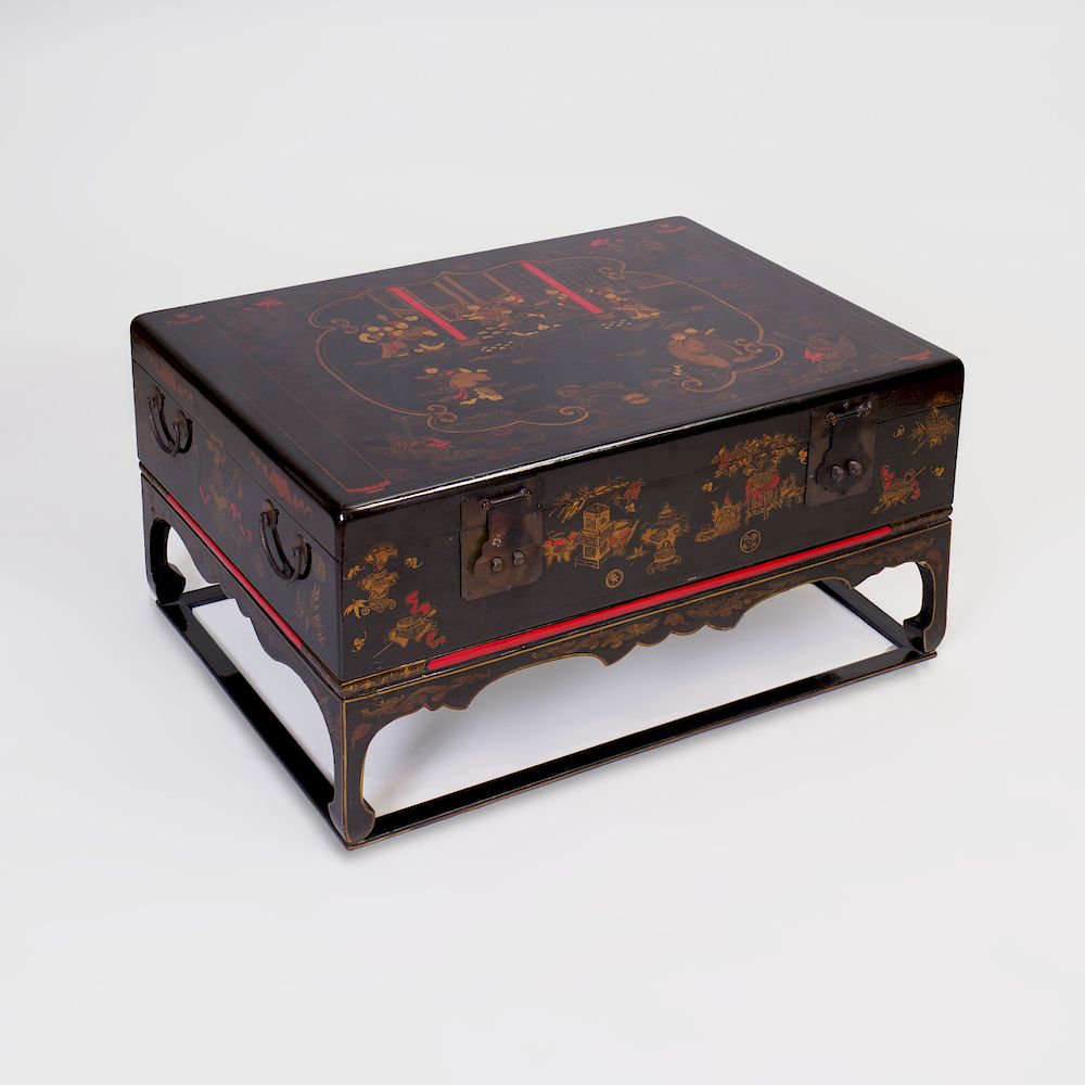 Appraisal: Chinese Black Lacquer and Parcel-Gilt Chest on Low Stand x