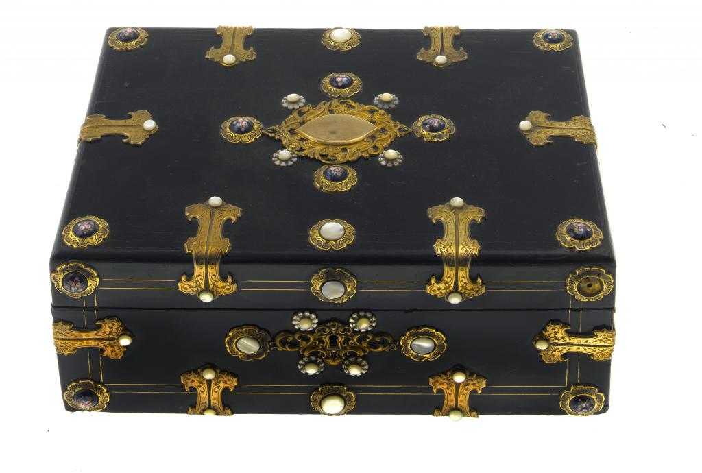 Appraisal: A FRENCH EBONISED WORK BOX mounted with engraved gilt brass