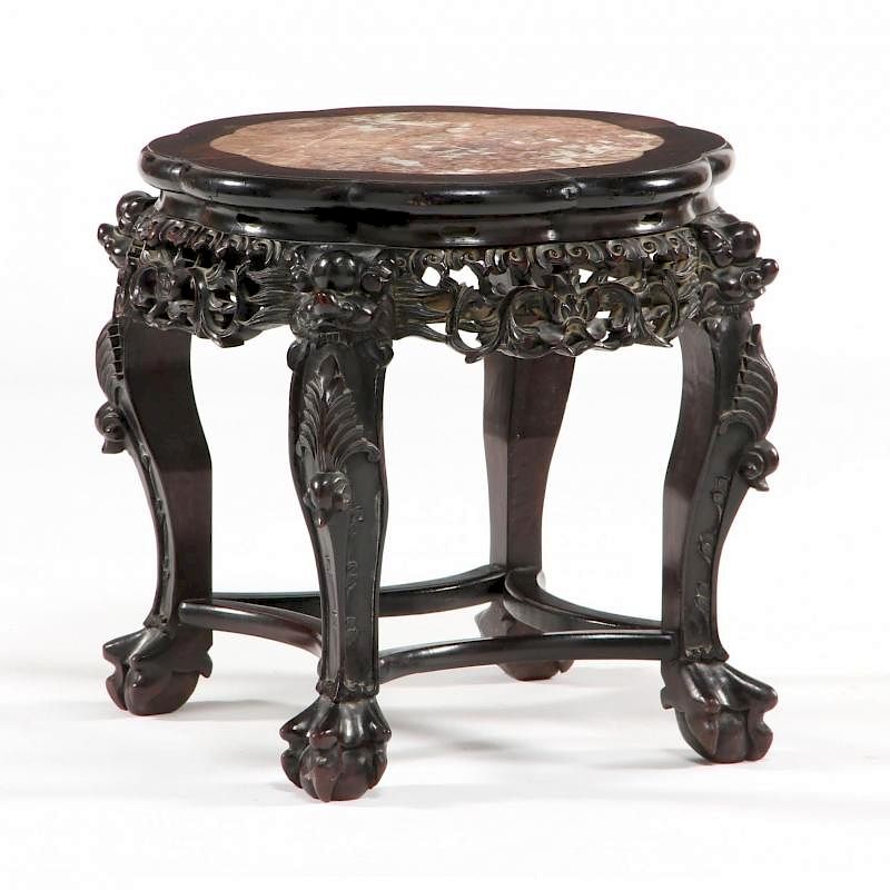 Appraisal: Chinese Carved Marble Top Stand circa carved hardwood scalloped top