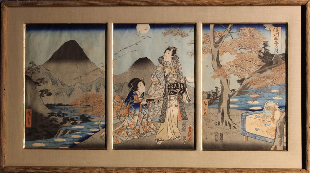 Appraisal: HIROSHIGE AND TOYOKUNI TRIPTYCH OBAN TATE-E PICNIC BY MT FUJI