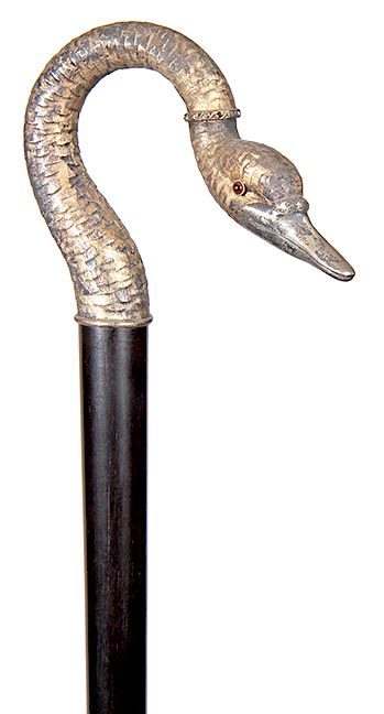 Appraisal: Articulated Swan Dress Cane- Ca - A French articulated silver