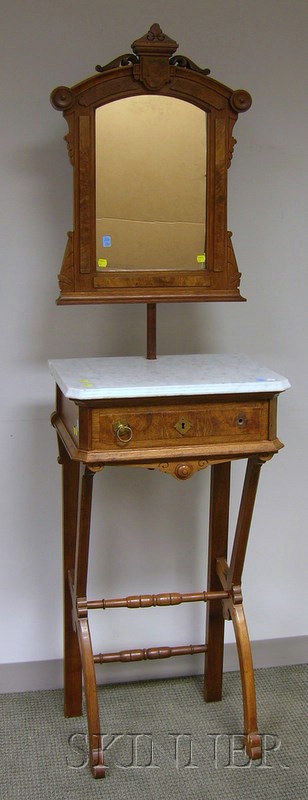 Appraisal: Victorian Renaissance Revival White Marble-top Carved Walnut Mirrored Shaving Stand