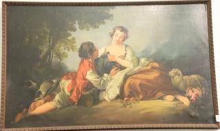 Appraisal: Oil on canvas Romantic landscape with two figures unsigned x