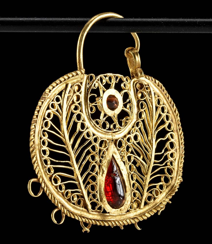 Appraisal: th C Byzantine Gold Filigree Earring w Garnets Near East