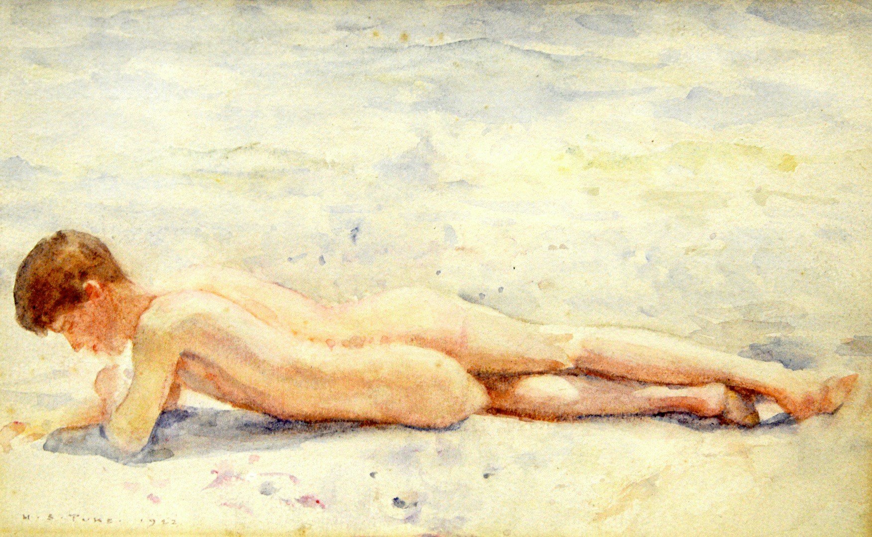 Appraisal: Henry Scott Tuke - Youth laying on the beach watercolour